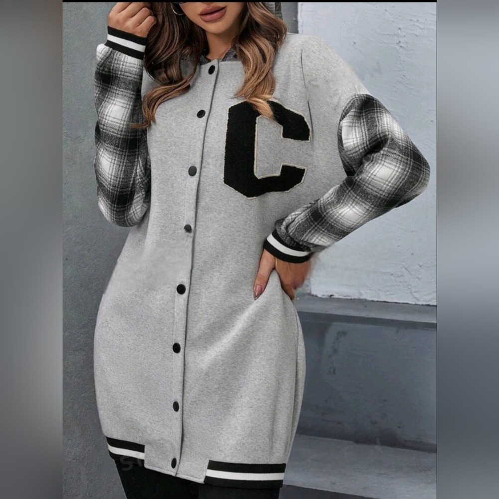 Women's Letter Patched Plaid Colorblock Drop Shoulder Long Bomber Jacket